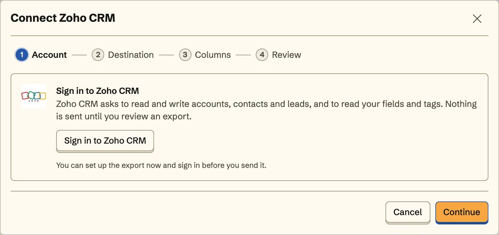 Connect Zoho CRM, the Account step