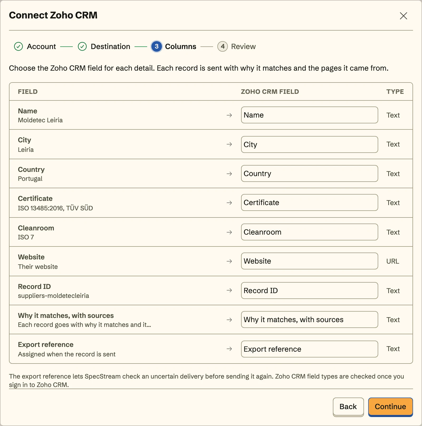 Connect Zoho CRM, the Columns step