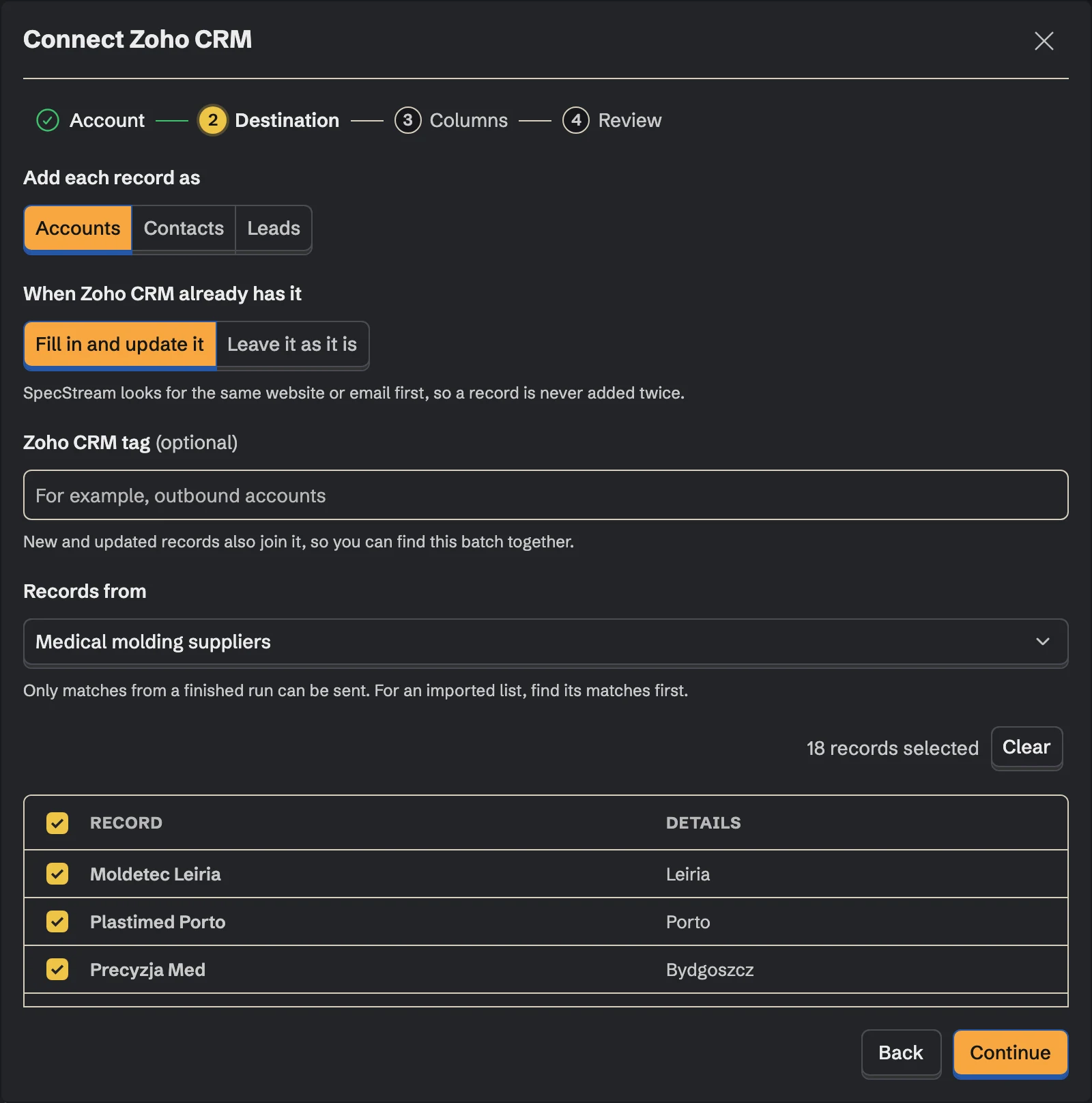 Connect Zoho CRM, the Destination step