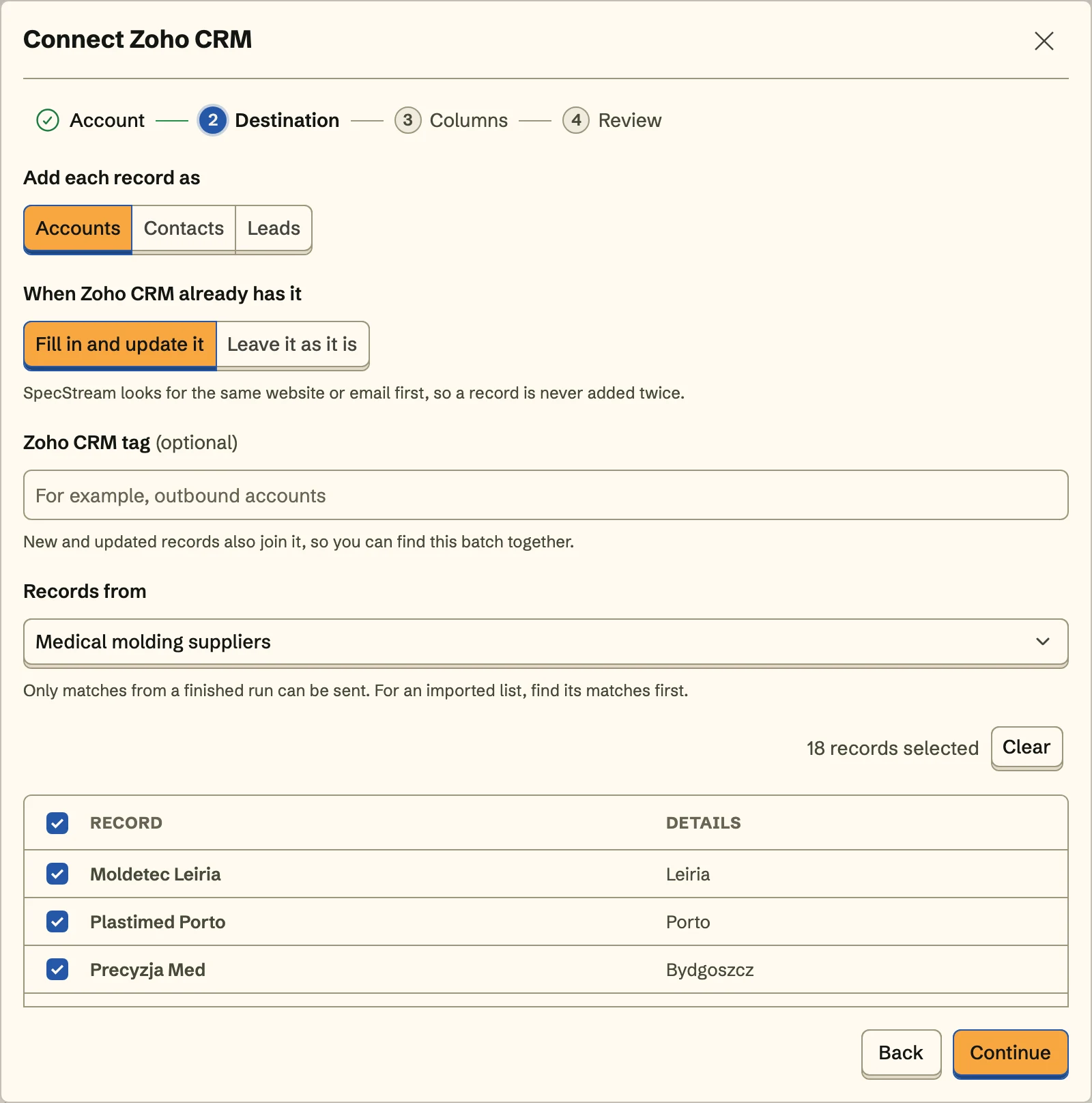 Connect Zoho CRM, the Destination step
