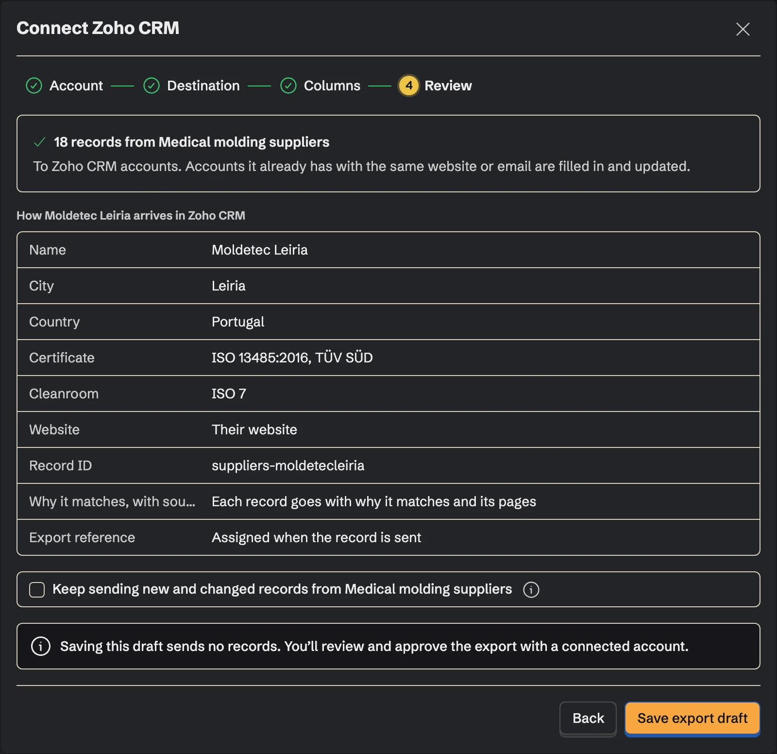 Connect Zoho CRM, the Review step