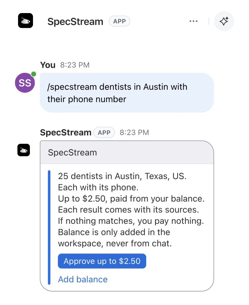 A request for dentists in Austin, read back with its price and an Approve button