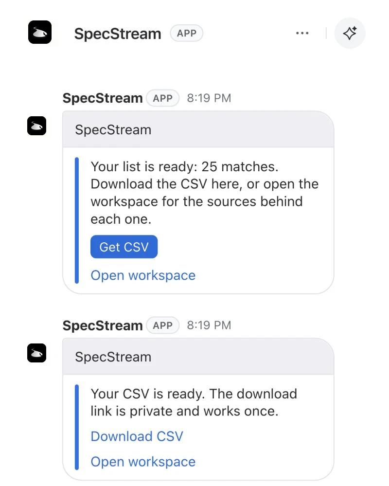 The finished list in Zoom, with a CSV download and a link to the workspace