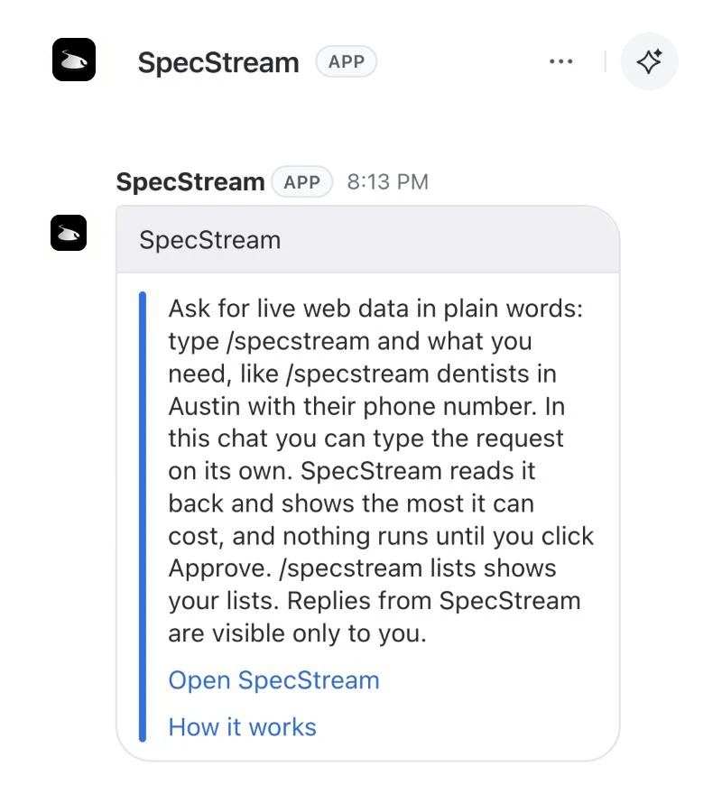 SpecStream's welcome message in Zoom Team Chat