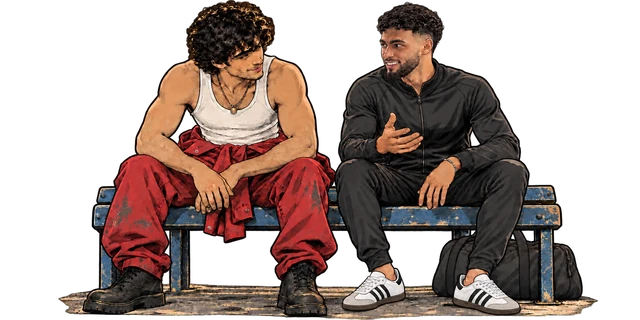 Two neighbors turn toward each other on a bench, one listening while the other explains.