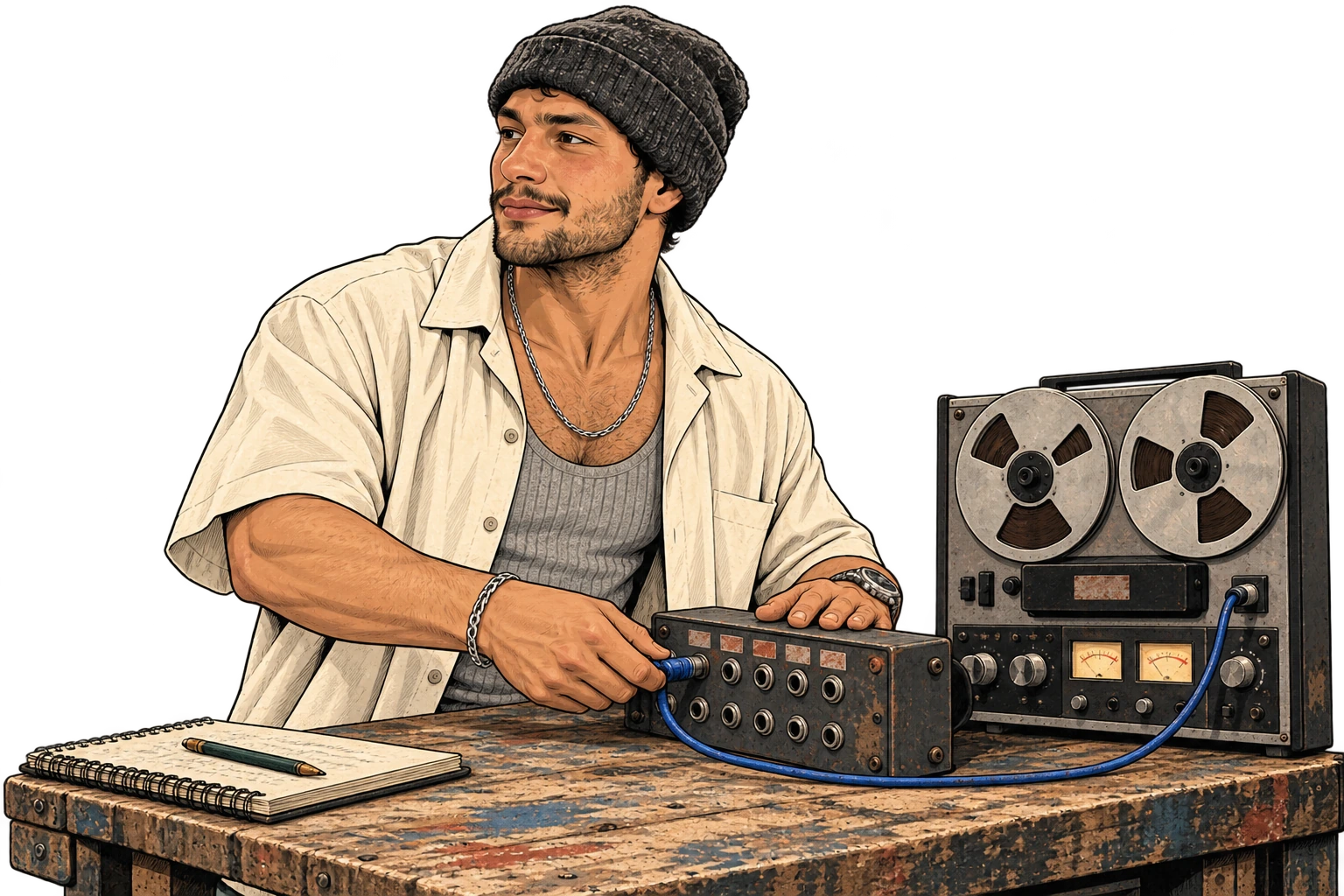 A neighbor in a knit cap connects a cable between two pieces of equipment at the workbench.