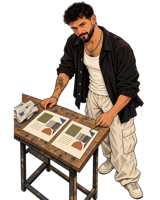 He leans over a drafting table, comparing two prints side by side.