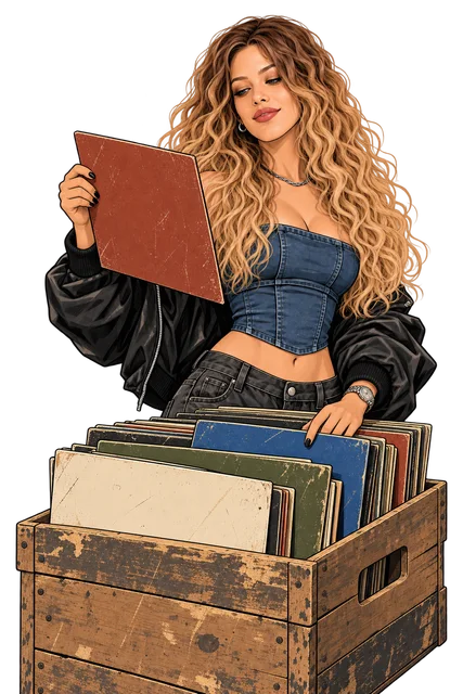 She flips through a crate of records, pulling out the one she came for.