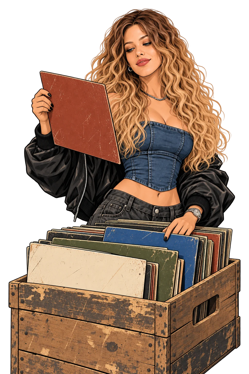 Flipping through a crate of records, she pulls out the one she came for.