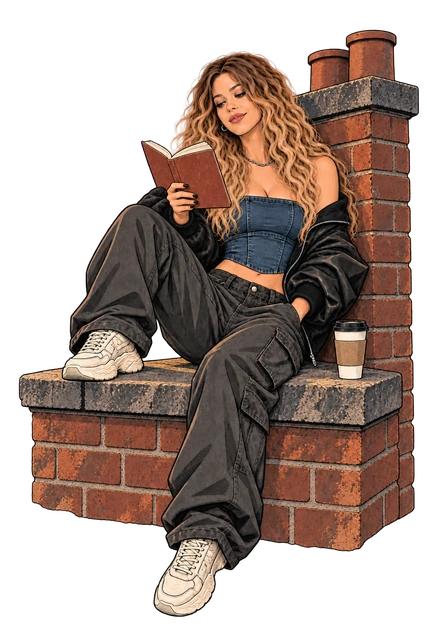 She reads on a rooftop ledge with a coffee beside her, a long way into the book.