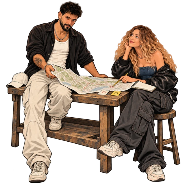 Two neighbors sit at the workbench over a city map, marking the places worth a visit.