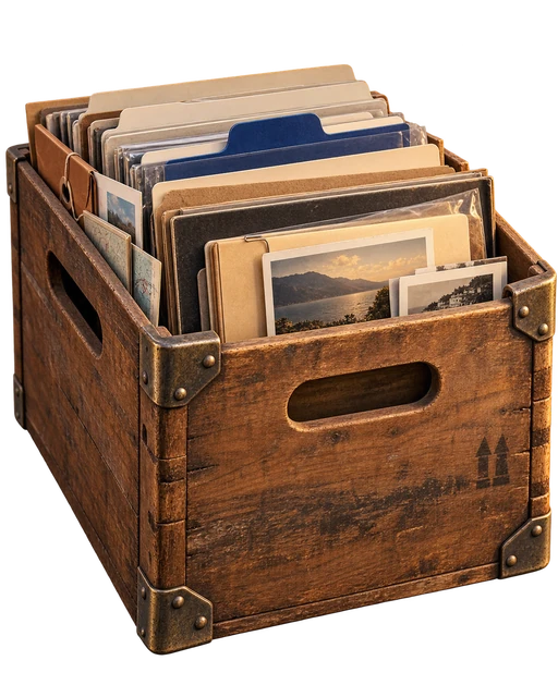 A wooden crate full of index cards and photographs, every one filed in its place.