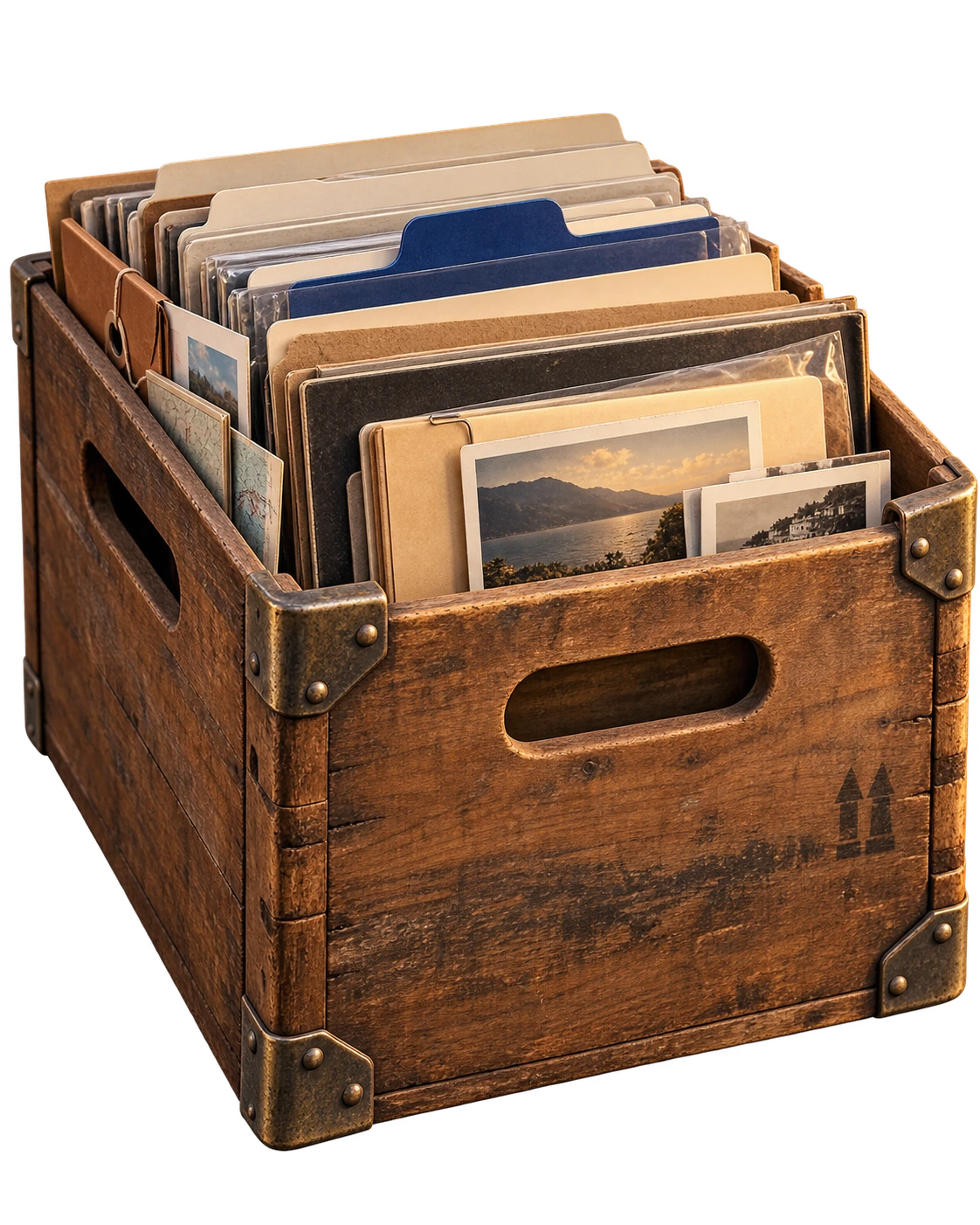 A worn wooden crate full of folders, cards, and photographs.