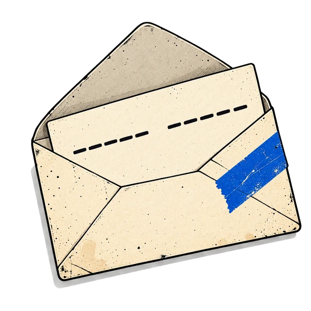 An envelope sealed with a strip of blue tape, a dashed line of code across the front.