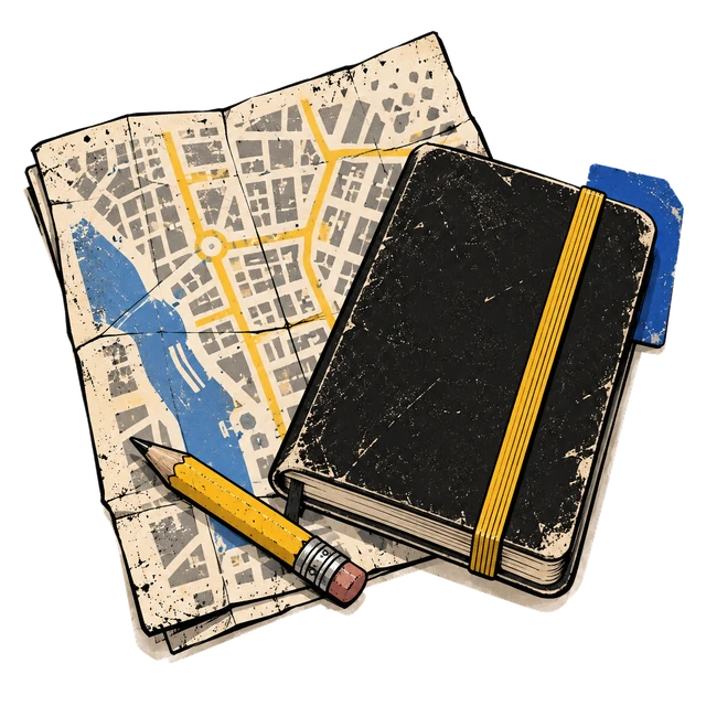 A street map marked in yellow, a notebook with an elastic strap, and a pencil on top.