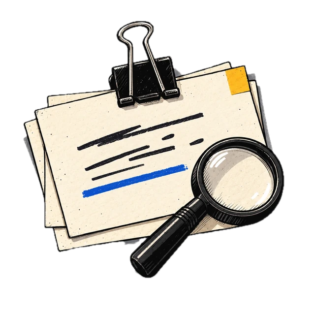 A stack of index cards held by a binder clip, a magnifying glass resting on top.